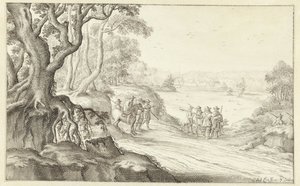 Cacciatori in un paesaggio collinare, Abbazia di Groenendaal a Bruxelles sullo sfondo